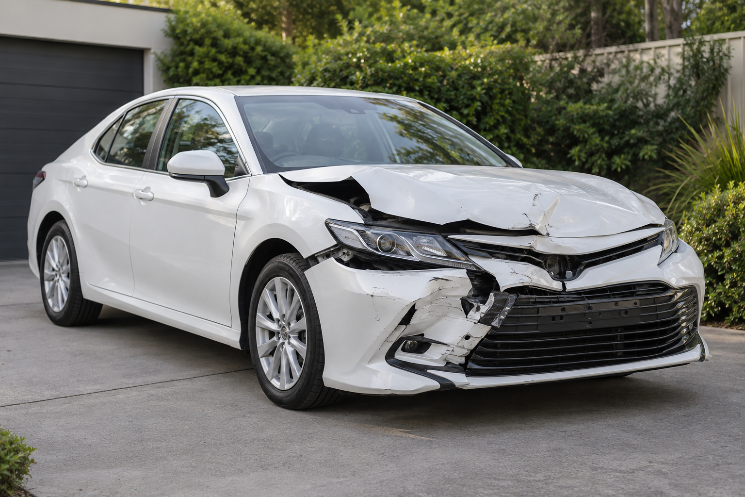 White sedan with bonnet and front bumper accident damage