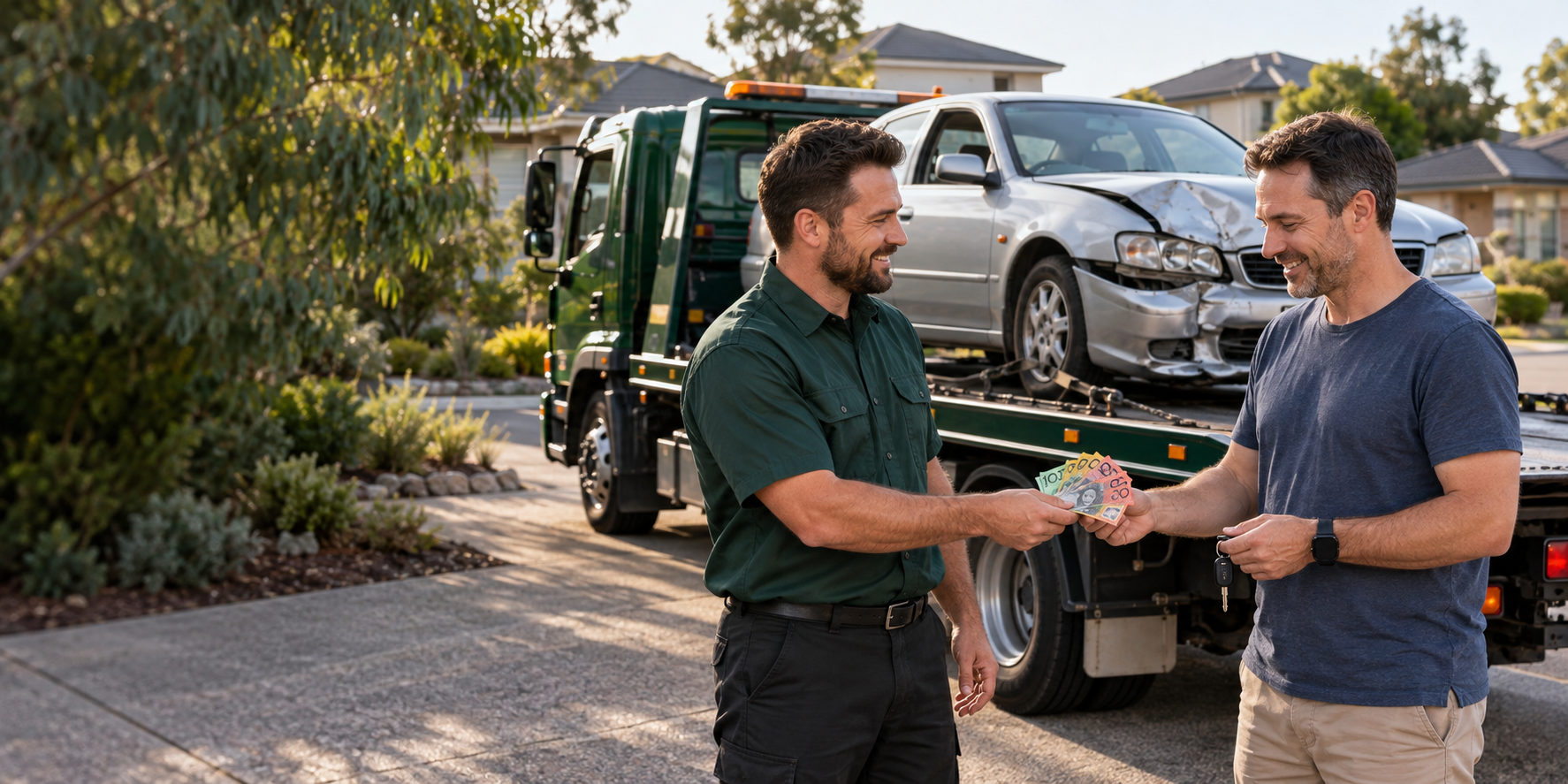 Car buyer paying a customer beside a tow truck carrying a damaged car