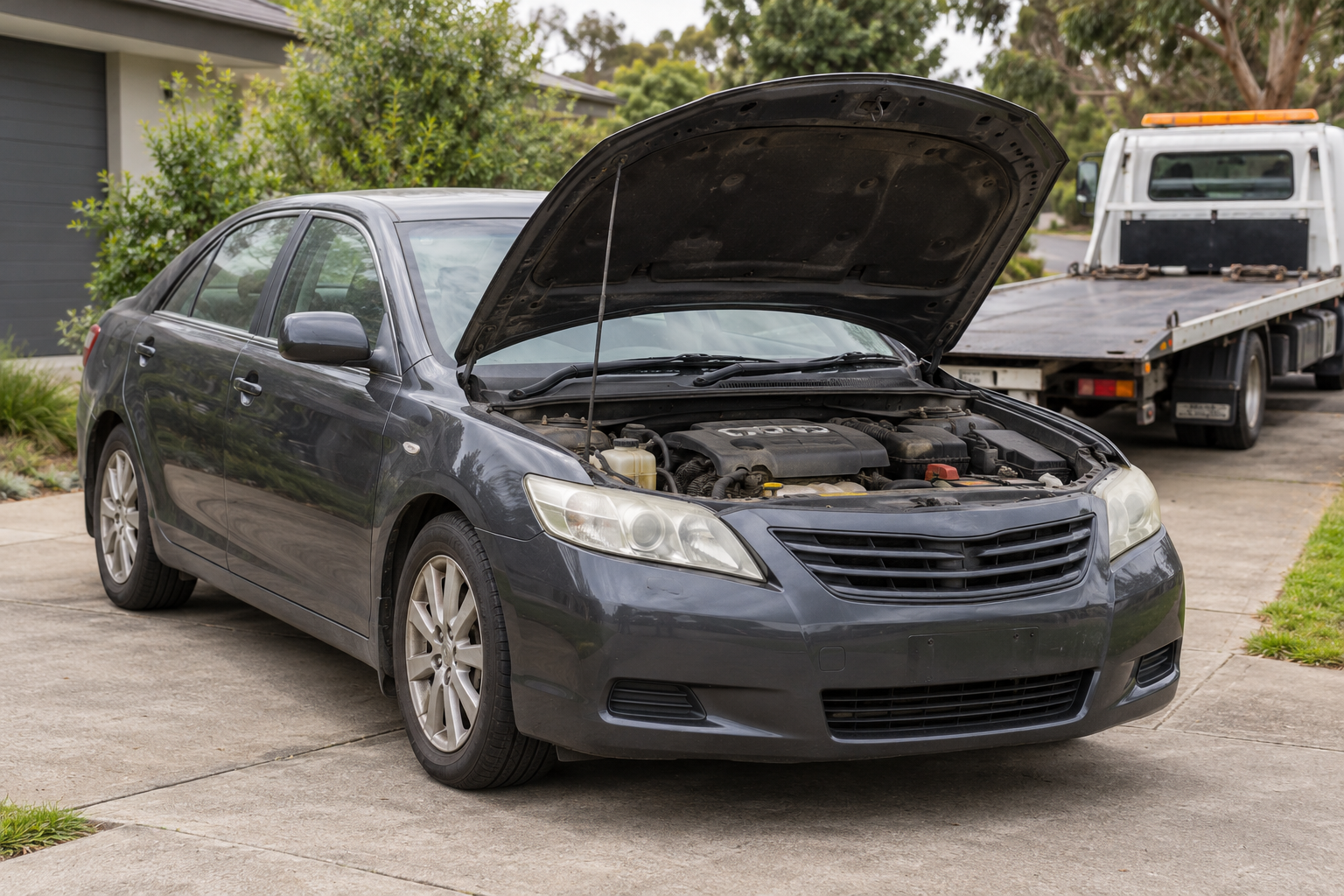 Non-running grey sedan with its bonnet open and a tow truck behind