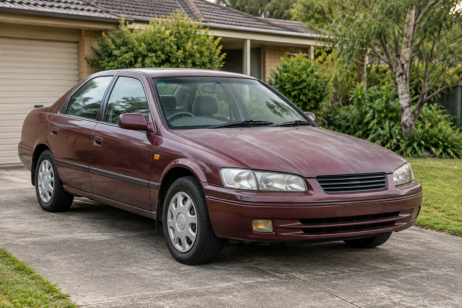 Older burgundy sedan with faded paint outside a suburban home