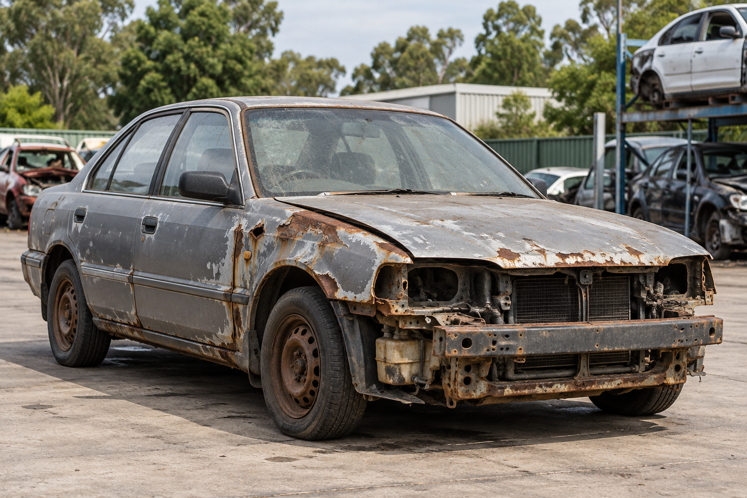 Rusty scrap car with missing front trim in a recycling yard