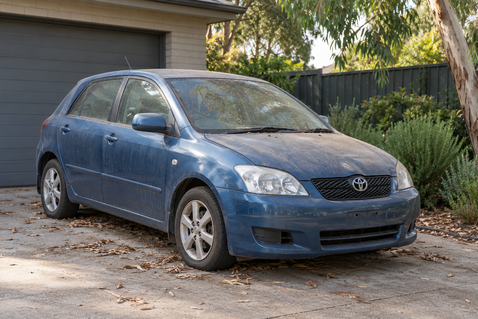 Dusty blue unwanted hatchback beside a garage