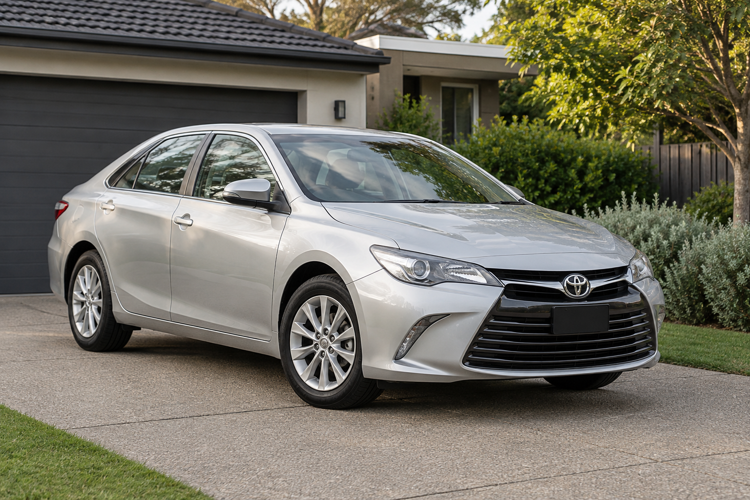 Silver used sedan parked in a suburban driveway