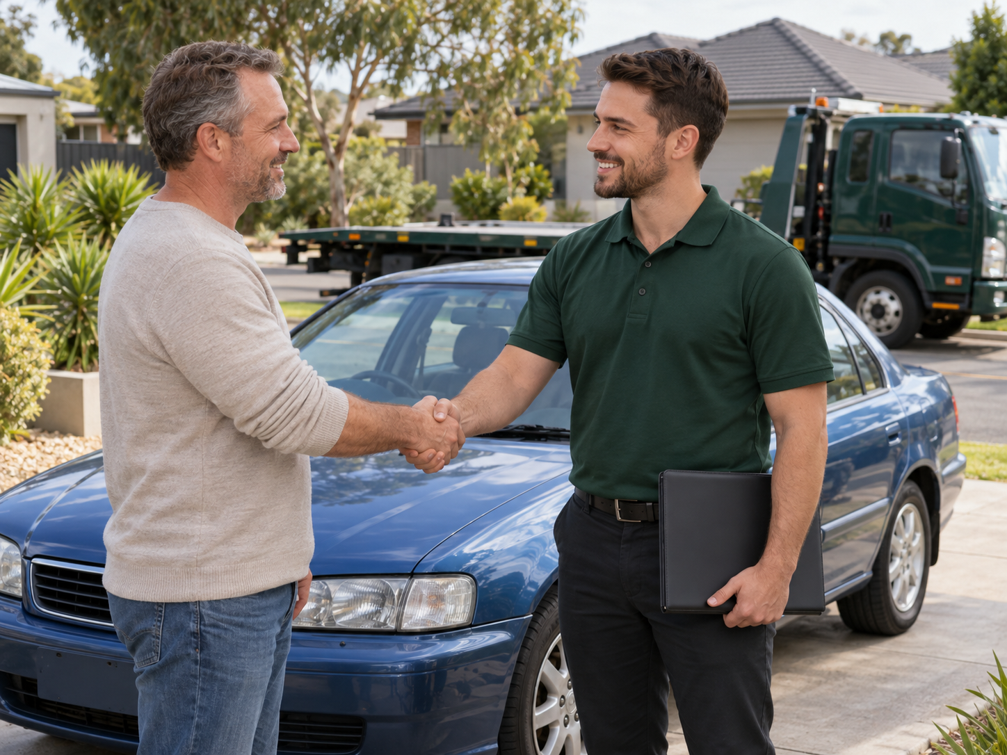 Car buyer and vehicle owner shaking hands beside a car